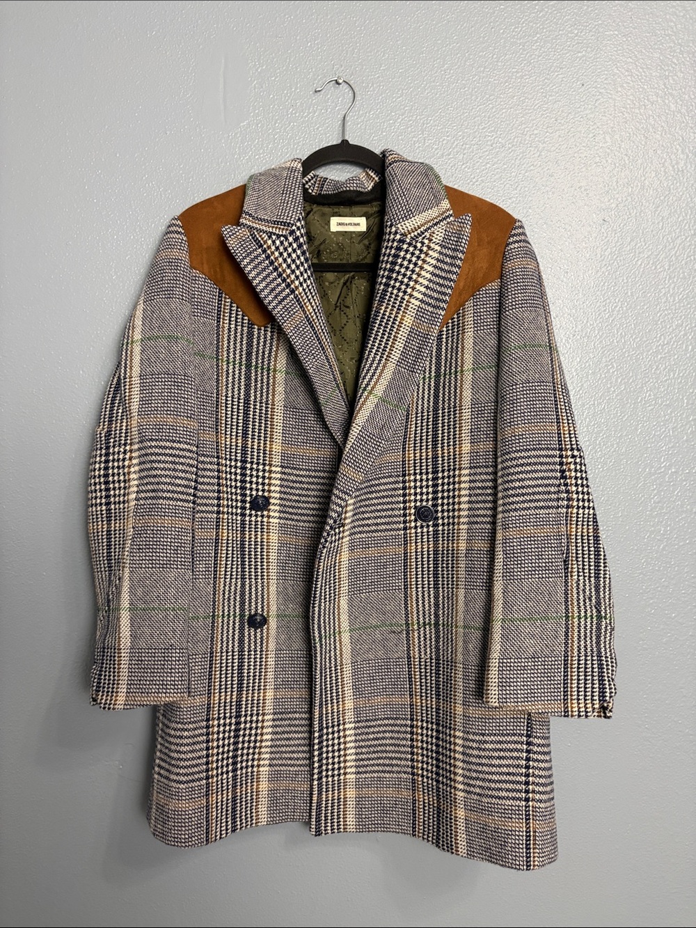 Zadig & Voltaire Checked Wool-Blend Overcoat with Brown Suede Shoulders